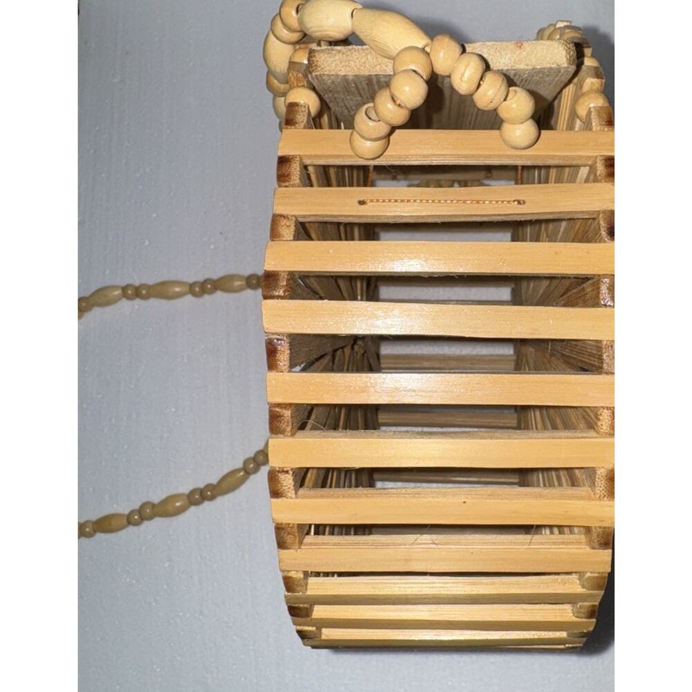 Handmade Bamboo Open Slats Round Cylinder Purse 8in Diameter With Shoulder Strap - Picture 8 of 8